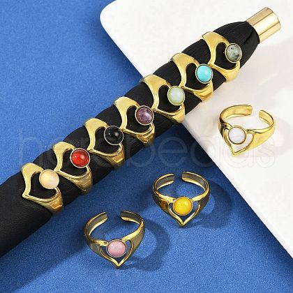 316 Stainless Steel with Natural Mixed Gemstone Cuff Rings RJEW-Z098-01G-13-1