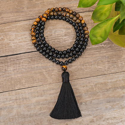 Natural Black Stone & Tiger Eye 108 Mala Prayer Round Beaded Wrap Necklaces with Long Tassel FS-WG54ED5-02-1