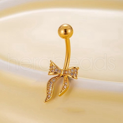 Brass Pave Clear Cubic Zirconia Curved Barbell Bowknot Belly Rings AJEW-L099-01B-G-1
