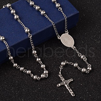 Non-Tarnish Crucifix Cross Stainless Steel Rosary Bead Necklaces X-NJEW-O096-27-1