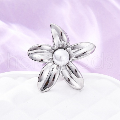 Flower 304 Stainless Steel Cuff Rings RJEW-D306-21P-1
