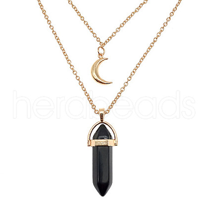 Natural Black Agate Cone Pendant Double Layer Necklace UX9990-19-1