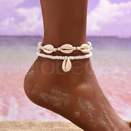 Bohemian Style Natural Cowrie Shell Charm & Glass Seed Beaded Stretch Double Layer Anklets for Women FS-WGC801A-01-1