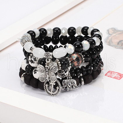 4Pcs Bohemian Style Alloy & Glass & Acrylic Charm Bracelets Set WG8E884-02-1