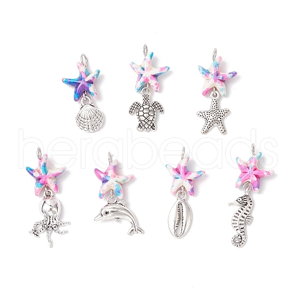 7Pcs 7 Styles Dyed Synthetic Turquoise Starfish & Alloy Sea Animals Pendants PALLOY-JF03754-02-1