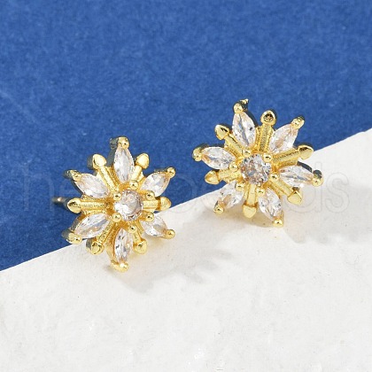 Flower Brass Micro Pave Clear Cubic Zirconia Stud Earrings EJEW-U064-03C-G-1