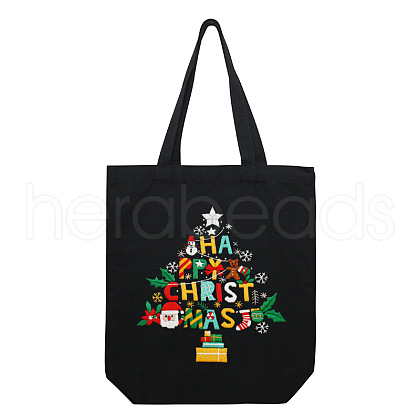 DIY Christmas Tree Pattern Black Canvas Tote Bag Embroidery Kit PW23050615291-1
