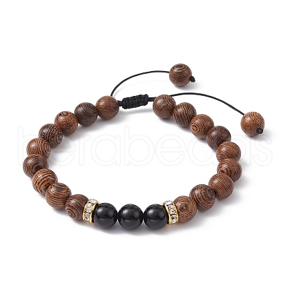 Natural Wenge Wood & Obsidian Round Braided Bead Bracelet BJEW-JB09757-01-1