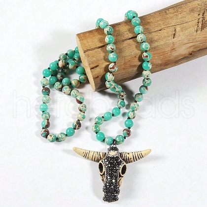 Bohemian Style Cattle Head Resin & Rhinestone Pendant Dyed Natural Imperial Jasper Round Beaded Necklaces for Women FS-WGF22A5-02-1