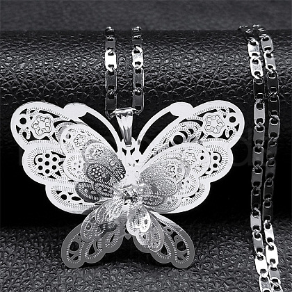304 Stainless Steel Crystal Rhinestone 3D Hollow Butterfly Pendant Necklaces for Women NJEW-K283-30P-1