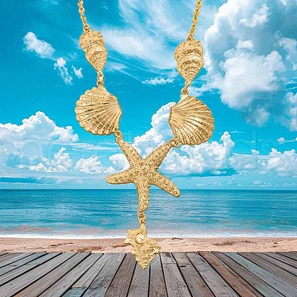 Summer Beach Alloy Crystal Rhinestone Shell Shape Starfish Pendant Necklaces for Women FS-WGE00B6-01-1