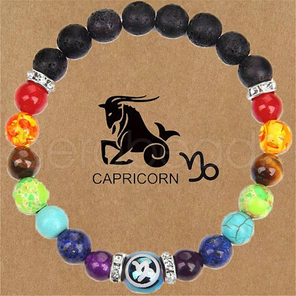 12 Constellations 7 Chakra Natural Lava Rock & Agate & Amethyst & Tiger Eye & Turquoise & Glass Round Beadeed Stretch Bracelets WG33A89-05-1