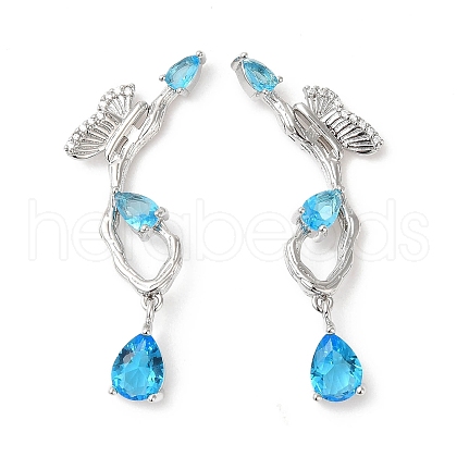 Sky Blue Cubic Zirconia Butterfly with Teardrop Dangle Sutd Earring EJEW-H092-02P-1