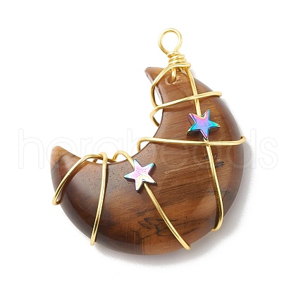 Natural Tiger Eye Copper Wire Wrapped Pendants PALLOY-JF01639-02-1