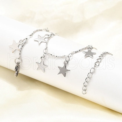 304 Stainless Steel Textured Link Bar Star Charm Tassel Necklaces NJEW-R023-02P-1