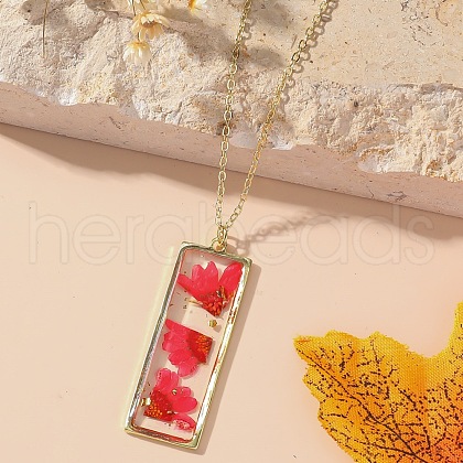 Rectangle with Inner Flower Resin Pendant Iron Cable Chain Necklaces for Women FS-WG0F8F1-05-1