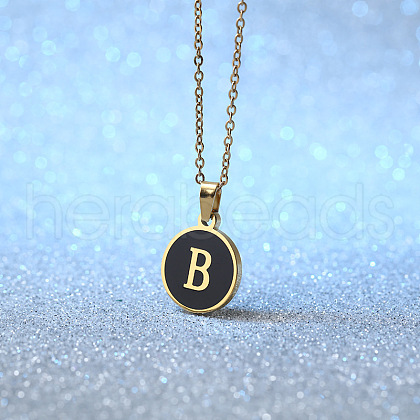 Alloy Black Enamel Flat Round with Letter Pendant Necklaces for Women WG4B845-02-1