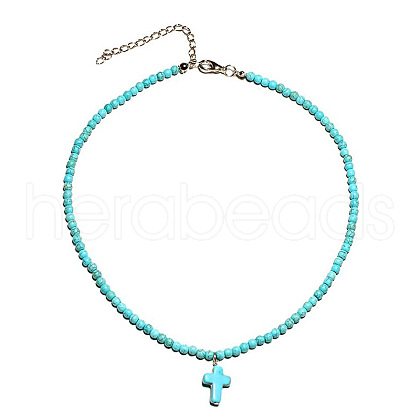 Western Style Synthetic Turquoise Round Beaded Cross Pendant Necklaces for Navajo Men and Women MO2415-3-1