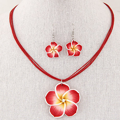 Flower Polymer Clay with Wax Cord Pendant Necklaces & Dangle Earrings Sets FS-WG2CAA9-01-1