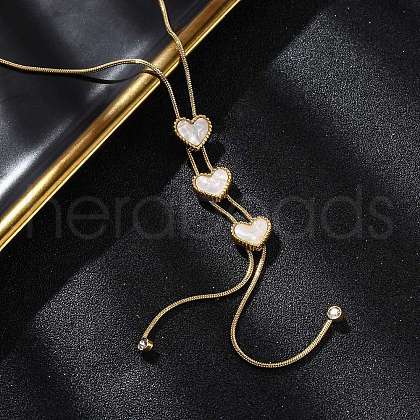 Triple Heart 304 Stainless Steel Pave Natural White Shell Y Necklaces for Women NJEW-U032-13G-01-1