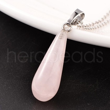 Teardrop Platinum Tone Brass Rose Quartz Pendants G-F267-03G-1