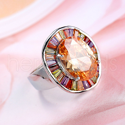 Oval Brass Micro Pave Colorful Cubic Zirconia Finger Rings FS-WG7C062-03-1