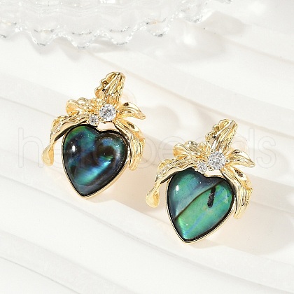 Heart Brass Abalone Shell & Clear Cubic Zirconia Stud Earrings KK-D301-09G-1