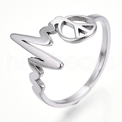 Non-Tarnish 304 Stainless Steel Heart Bit with Peace Sign Adjustable Ring RJEW-T027-04P-1