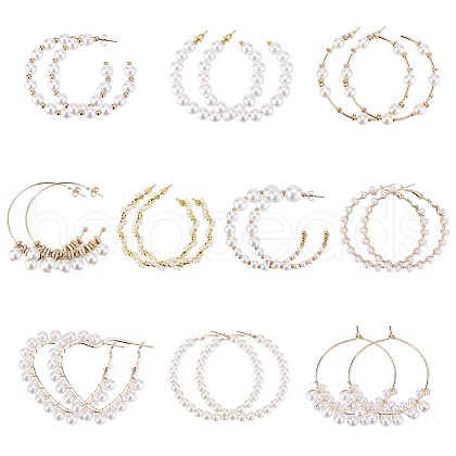 ANATTASOUL 10 Pairs 10 Style Plastic & Resin Imitation Pearl Beaded Hoop Earrings Set EJEW-AN0003-45-1