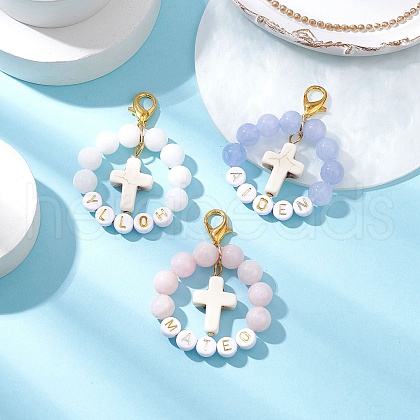 3Pcs Acrylic Letter & Natural Quartz & White Jade & Rose Quartz Beads Pendant Decorations HJEW-JM03014-1