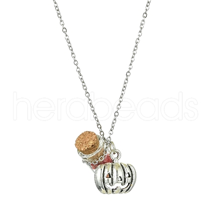Halloween Pumpkin Alloy and Glass Bottle Pendant Necklaces NJEW-JN04990-1