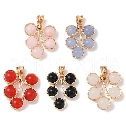 Natural Black Onyx(Dyed and Heated)/White Jade/Malaysia Jade/Rose Quartz/Quartz Crystal Copper Wire Wrapped Round Beaded Pendants PALLOY-JF03536-02-1