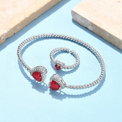 Heart Brass Micro Pave Cubic Zirconia Cuff Bangles & Rings Sets for Women SJEW-R002-05P-05-1