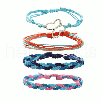 4Pcs Butterfly Alloy & Wax Cord Braided Bead Bracelets Set FS-WG10F8B-08-1