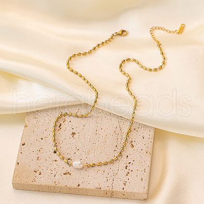 304 Stainless Steel & Natural Freshwater Pearl Potato Link Chain Necklaces for Women FS-WG4D4E4-01-1