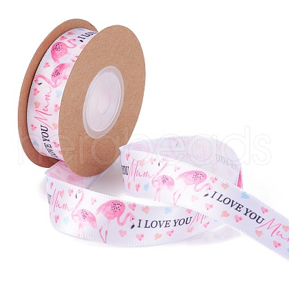 Single Face I Love You & Flamingo Printed Polyester Satin Ribbon OCOR-L044-01A-1