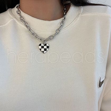 Black and White Checkered Heart Alloy Enamel Pendant Necklaces for Women FS-WGFAE52-01-1