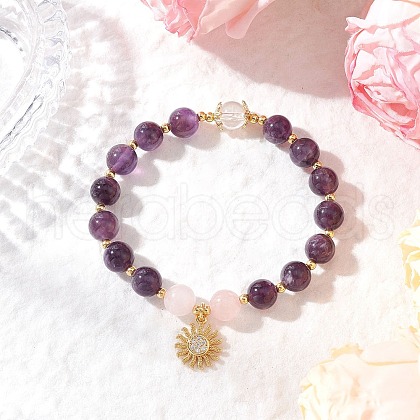 Natural Amethyst & Quartz Crystal & Rose Quartz Round Beaded Bracelets BJEW-JB11934-02-1