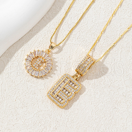 2Pcs 2 Styles Brass Pave Clear Cubic Zirconia Initial Pendant Necklace Sets FS-WGBC393-05-1
