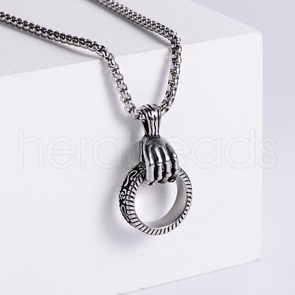 Stainless Steel Skeleton Hand Holding Ring Pendant Necklaces for Men IJ7067-1