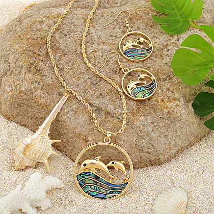 Alloy & Natural Abalone/Paua Shell Pendant Necklaces & Dangle Earrings Sets WGD5CF5-09-1
