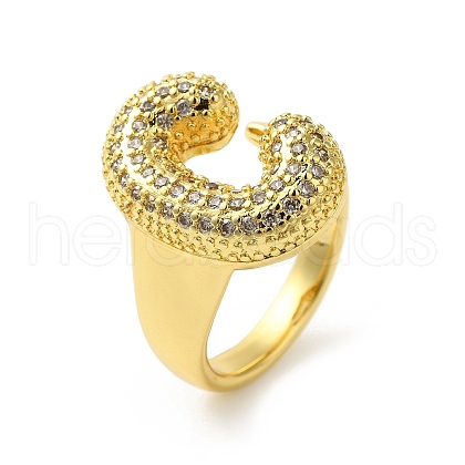 Letter Brass Micro Pave Clear Cubic Zirconia Open Cuff Ring for Women RJEW-N046-03C-G-1