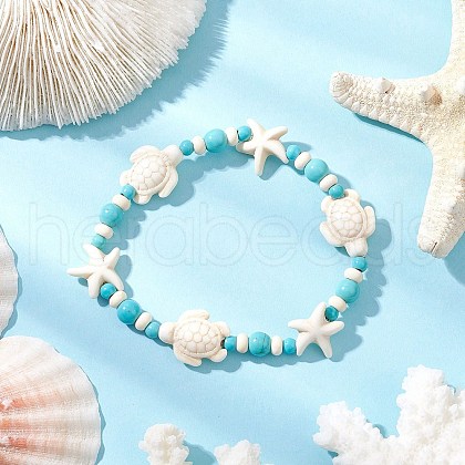Starfish & Turtle Synthetic Turquoise Beads Stretch Bracelets for Women BJEW-JB11921-02-1