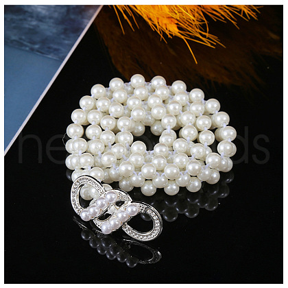 White Acrylic Pearl Beaded Elastic Chain Belts with Alloy Buckles WG1BD5E-06-1