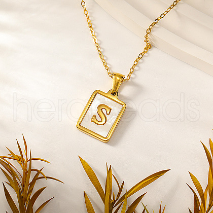 Rectangle Stainless Steel Pave Natural White Shell Initial Pendant Necklaces for Women FS-WGB5EDA-19-1