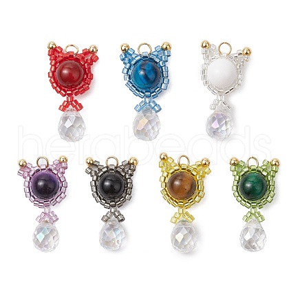 Natural Mixed Gemstone & Handmade Glass Seed Beaded Cat Shape Pendants PALLOY-MZ00488-1