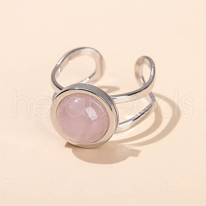 304 Stainless Steel & Natural Rose Quartz Cuff Rings FS-WGDE3F0-07-1