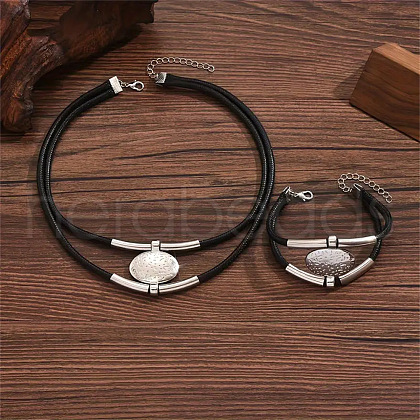 Bohemian Style Oval Alloy & Imitation Leather Wax Cord Double Layer Necklaces & Bracelets Sets for Women FS-WG56800-01-1