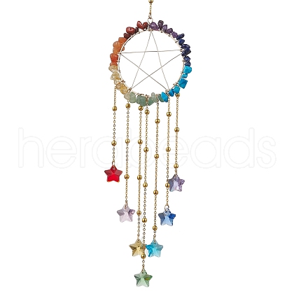 7 Chakra Wire Wrapped Gemstone Chip Ring with Star Pendant Decorations HJEW-ST00001-1