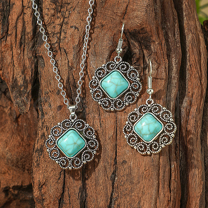 Bohemian Style Alloy & Synthetic Turquoise Pendant Necklaces & Dangle Earrings Sets WG2E1B4-09-1